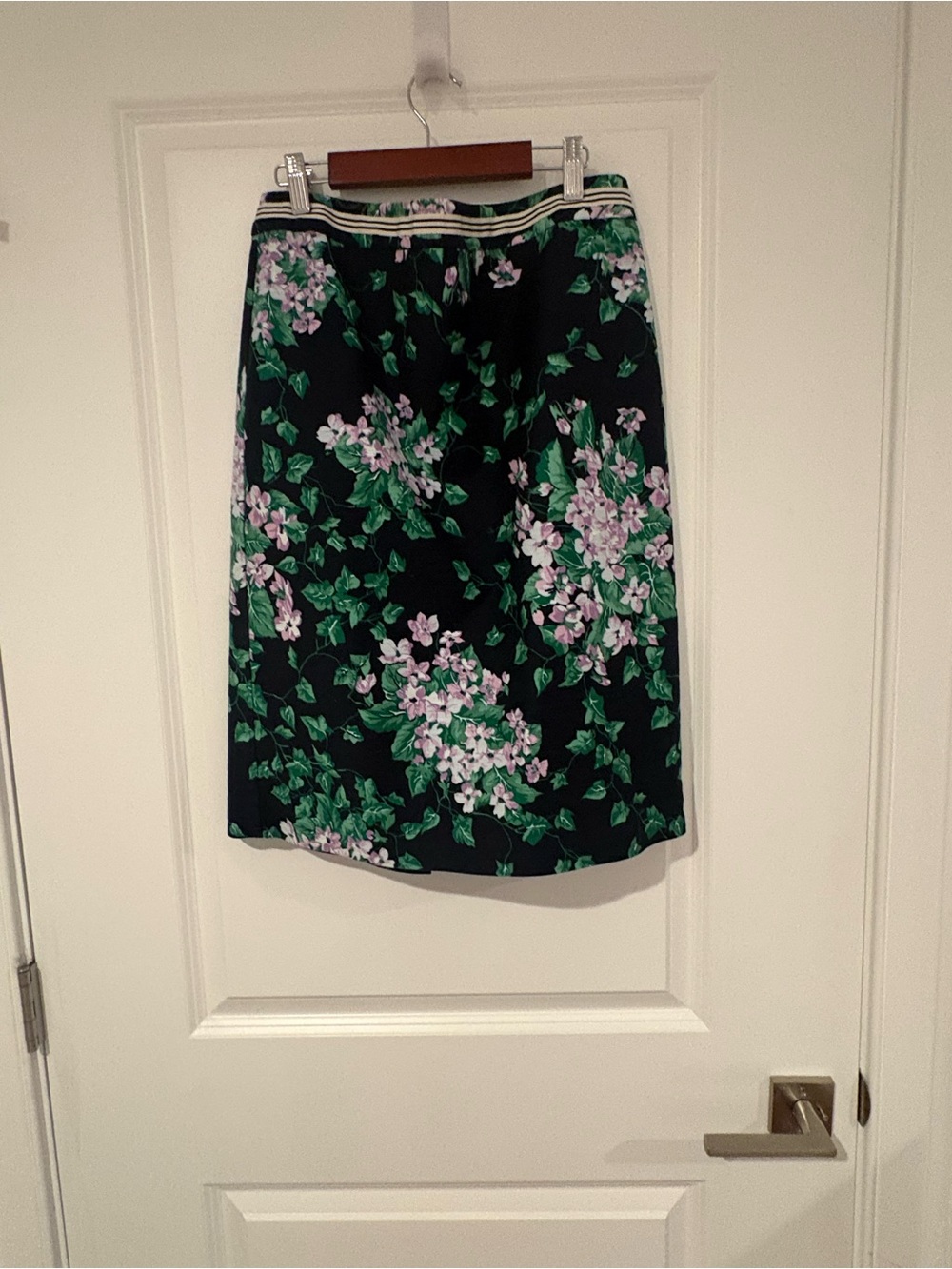 Talbots Black Floral Midi Skirt with Green Leaves and Pink Blossoms